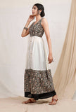 Set of 2: Off white Block printed kurta and plain black pallazos