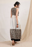 Set of 2: Off white Block printed kurta and plain black pallazos