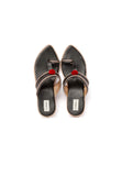 Black & Silver Cruelty Free Leather Sandals with Red Pom Poms