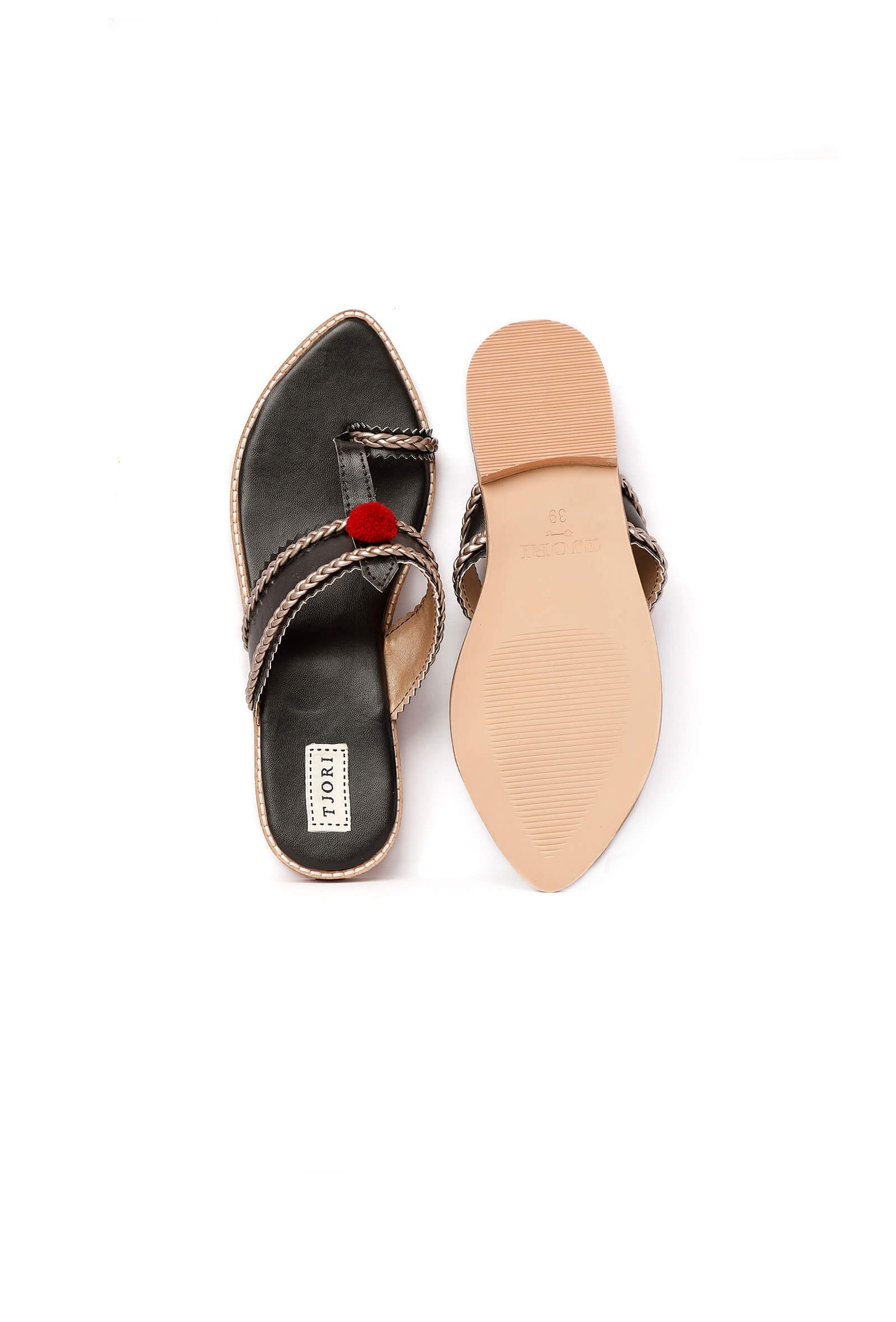 Black & Silver Cruelty Free Leather Sandals with Red Pom Poms