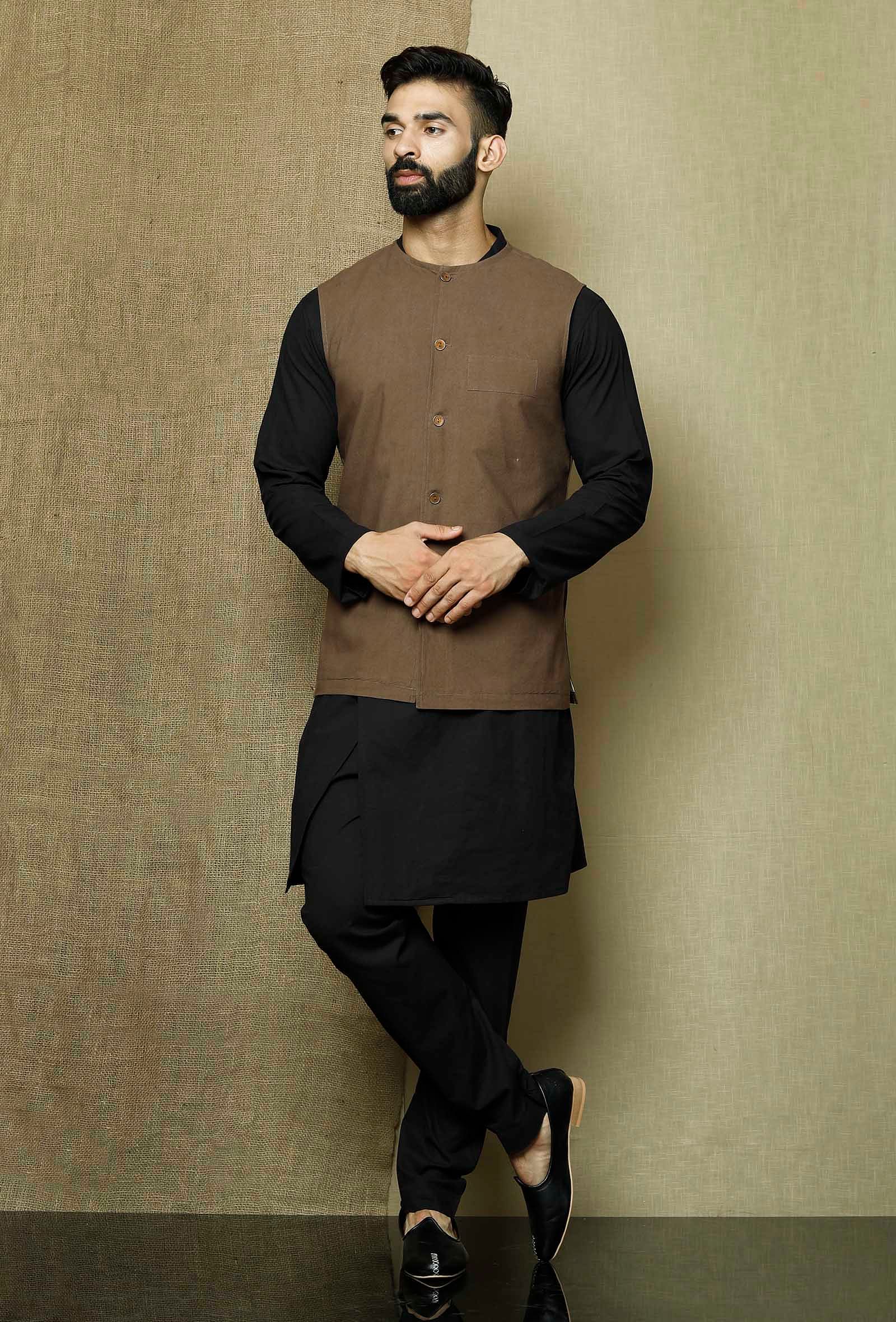 Set of 3 Onyx Cotton Overlap Kurta and Pyjama with Brown Umber Cotton Nehru Jacket