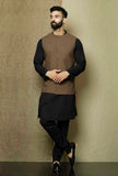 Set of 3: Onyx  Cotton Overlap Kurta and Pyjama with Brown Umber  Cotton Nehru Jacket