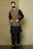 Set of 3: Onyx  Cotton Overlap Kurta and Pyjama with Brown Umber  Cotton Nehru Jacket