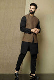 Set of 3: Onyx  Cotton Overlap Kurta and Pyjama with Brown Umber  Cotton Nehru Jacket