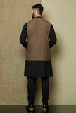 Set of 3: Onyx  Cotton Overlap Kurta and Pyjama with Brown Umber  Cotton Nehru Jacket