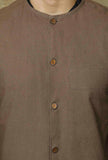 Set of 3: Onyx  Cotton Overlap Kurta and Pyjama with Brown Umber  Cotton Nehru Jacket