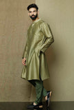 Set of 2:Olive Green Pure Banarasi Silk Chanderi Kurta with Moss Green Cotton Cambric Pyjama