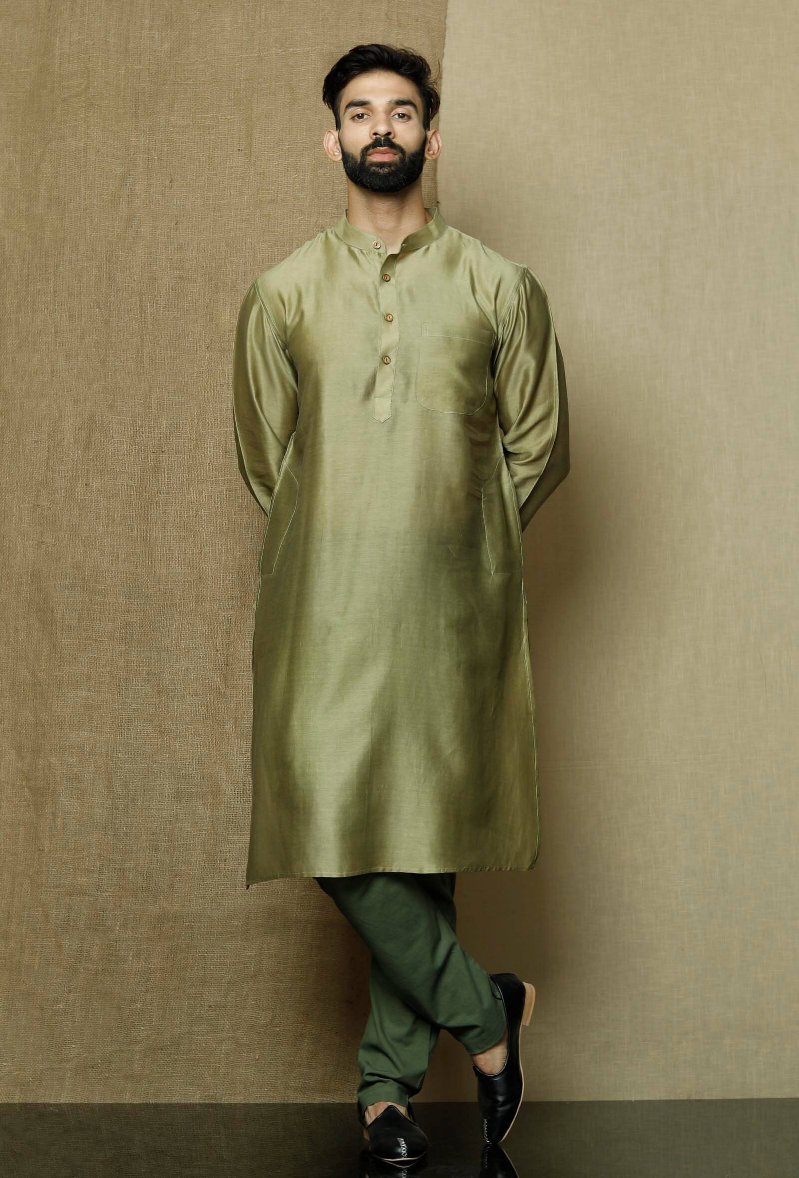Set of 2:Olive Green Pure Banarasi Silk Chanderi Kurta with Moss Green Cotton Cambric Pyjama
