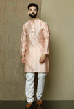 Set of 2:Muted Salmon Pink Pure Banarasi Silk Chanderi Kurta with Contrasting Cotton White Pyjama