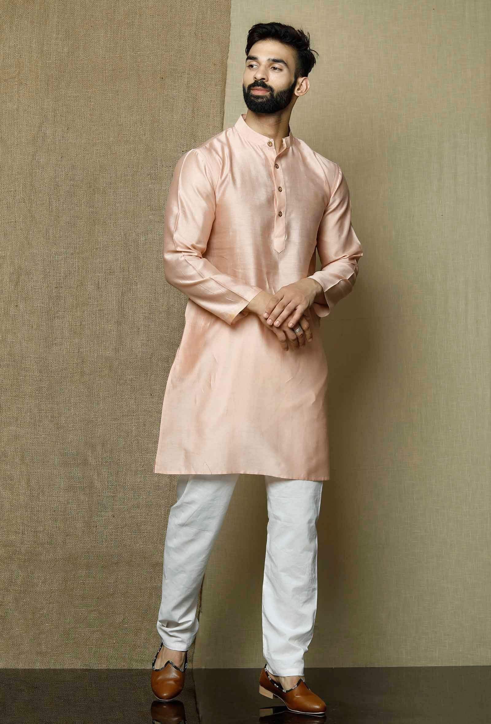 Set of 2:Muted Salmon Pink Pure Banarasi Silk Chanderi Kurta with Contrasting Cotton White Pyjama