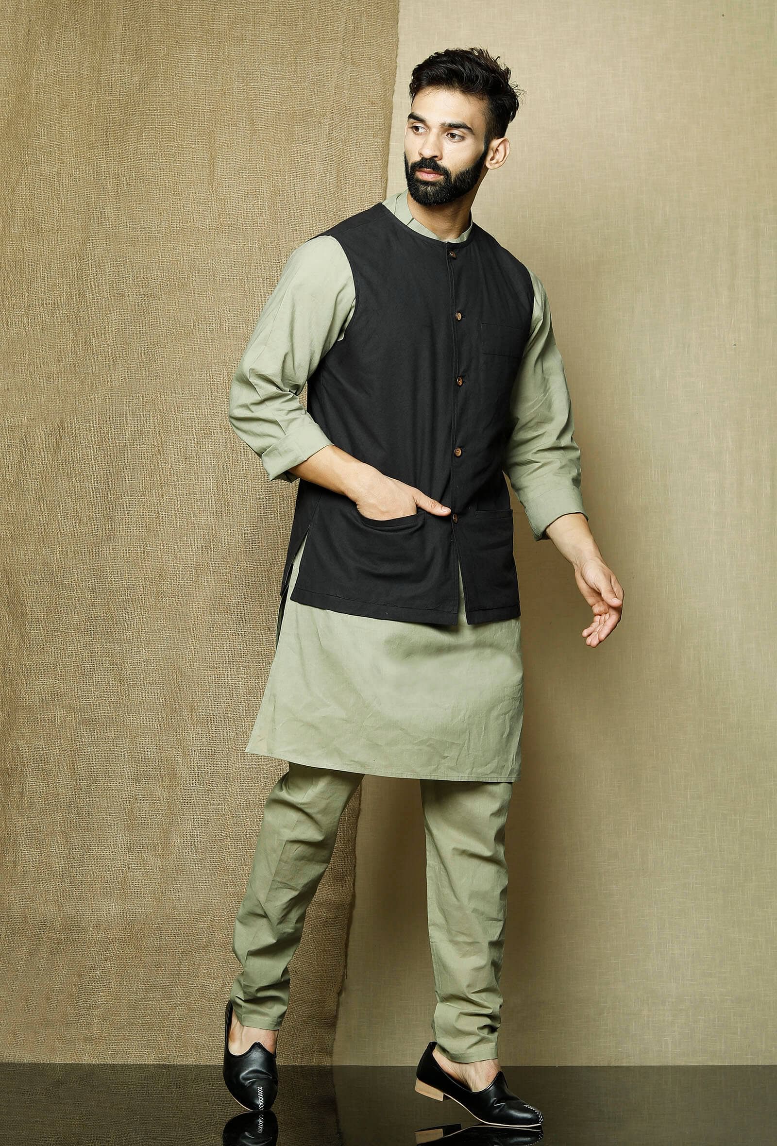 Set of 3: Sage  Cotton Kurta and Pyjama with Onyx Nehru Jacket