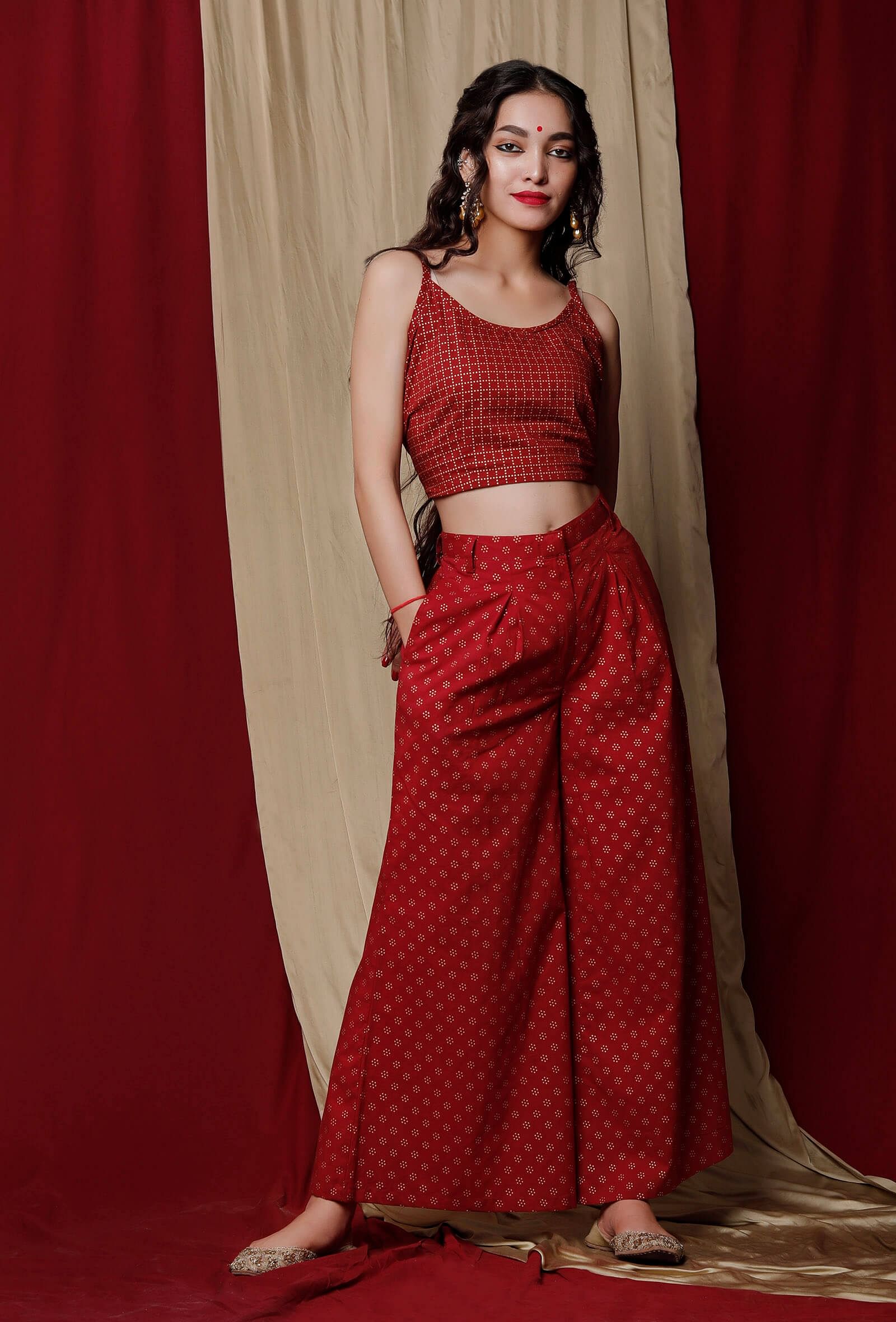 Maroon cotton Slip Top and Cotton Printed Pants