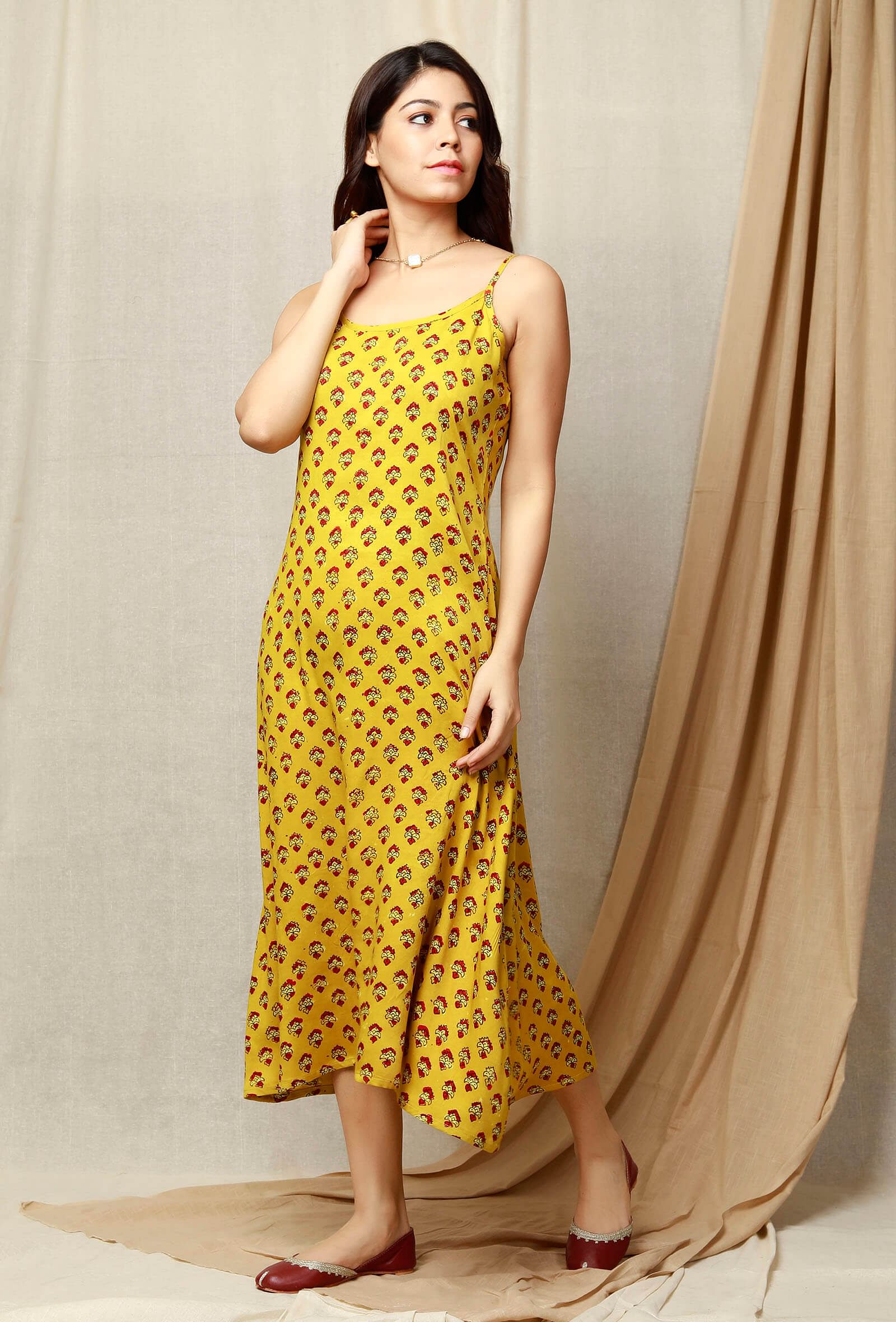 Tuscan Yellow Printed Modal Ajrakh Slip Dress