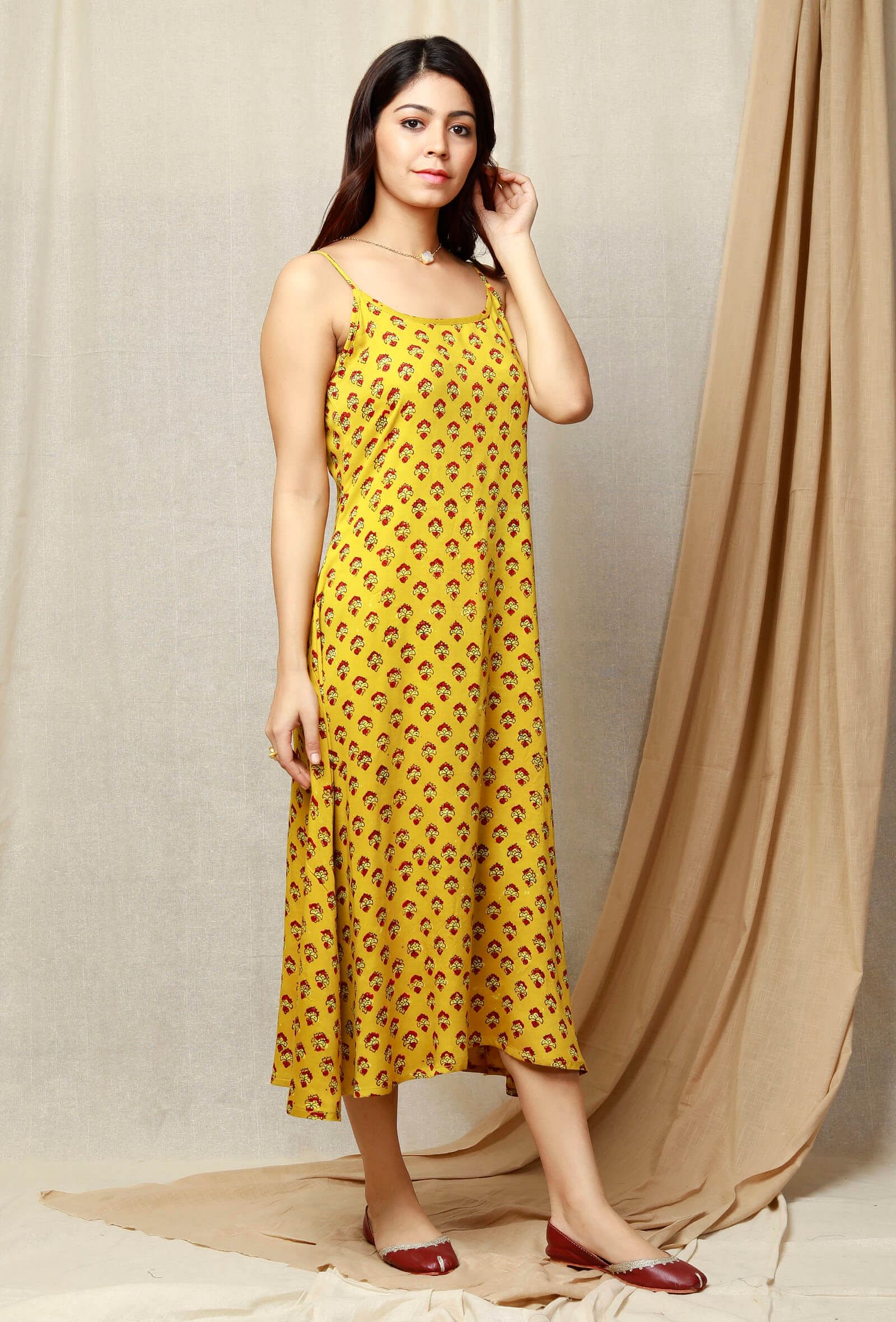 Tuscan Yellow Printed Modal Ajrakh Slip Dress