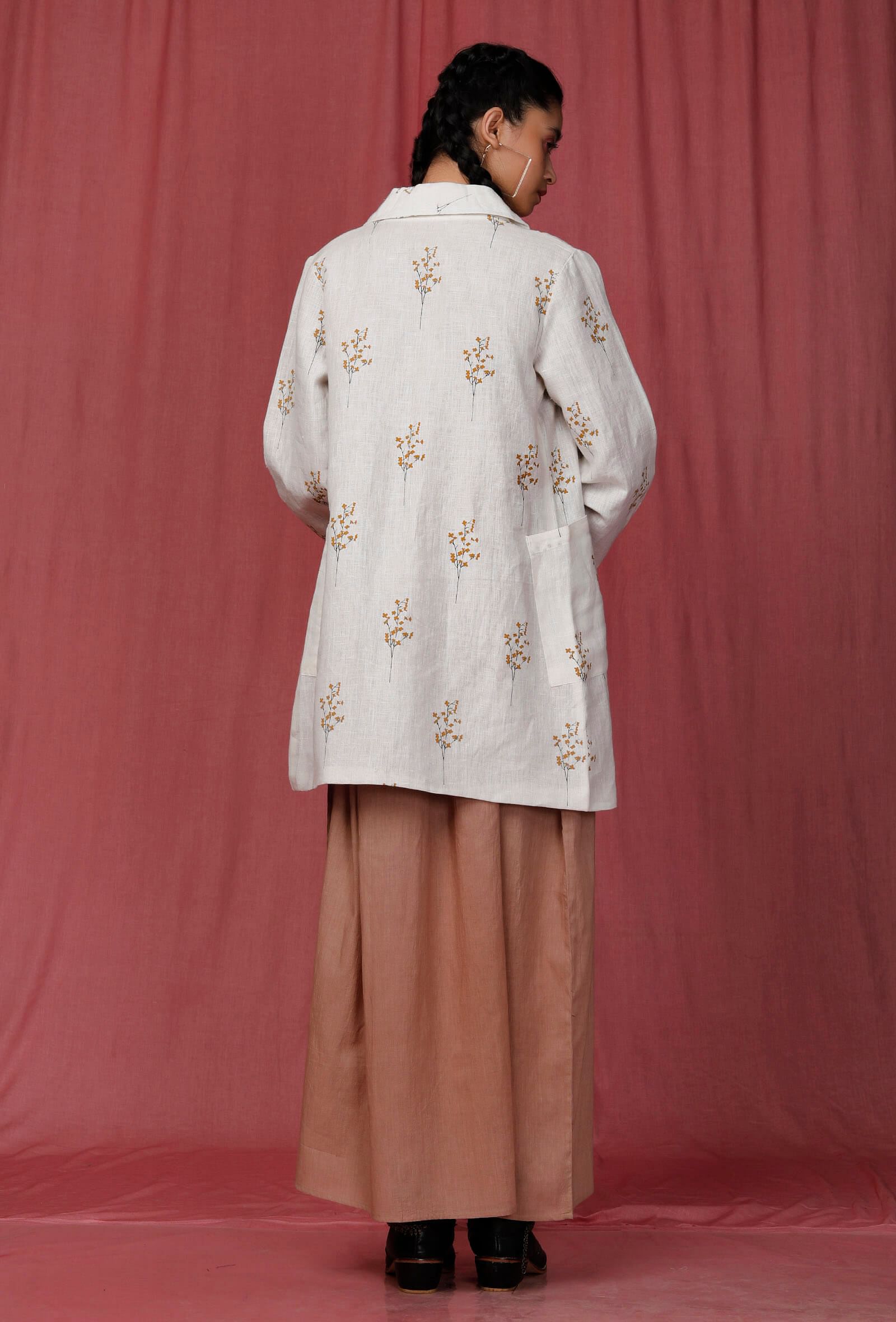 Set of 2: Pastel Brown Plain Linen Gathers Slip with Whiteblock Printed Overcoat