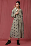 Set of 2: Moss Green Plain Linen Dress With Moss Green Printed Linen Overcoat