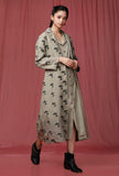 Set of 2: Moss Green Plain Linen Dress With Moss Green Printed Linen Overcoat