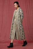 Set of 2: Moss Green Plain Linen Dress With Moss Green Printed Linen Overcoat