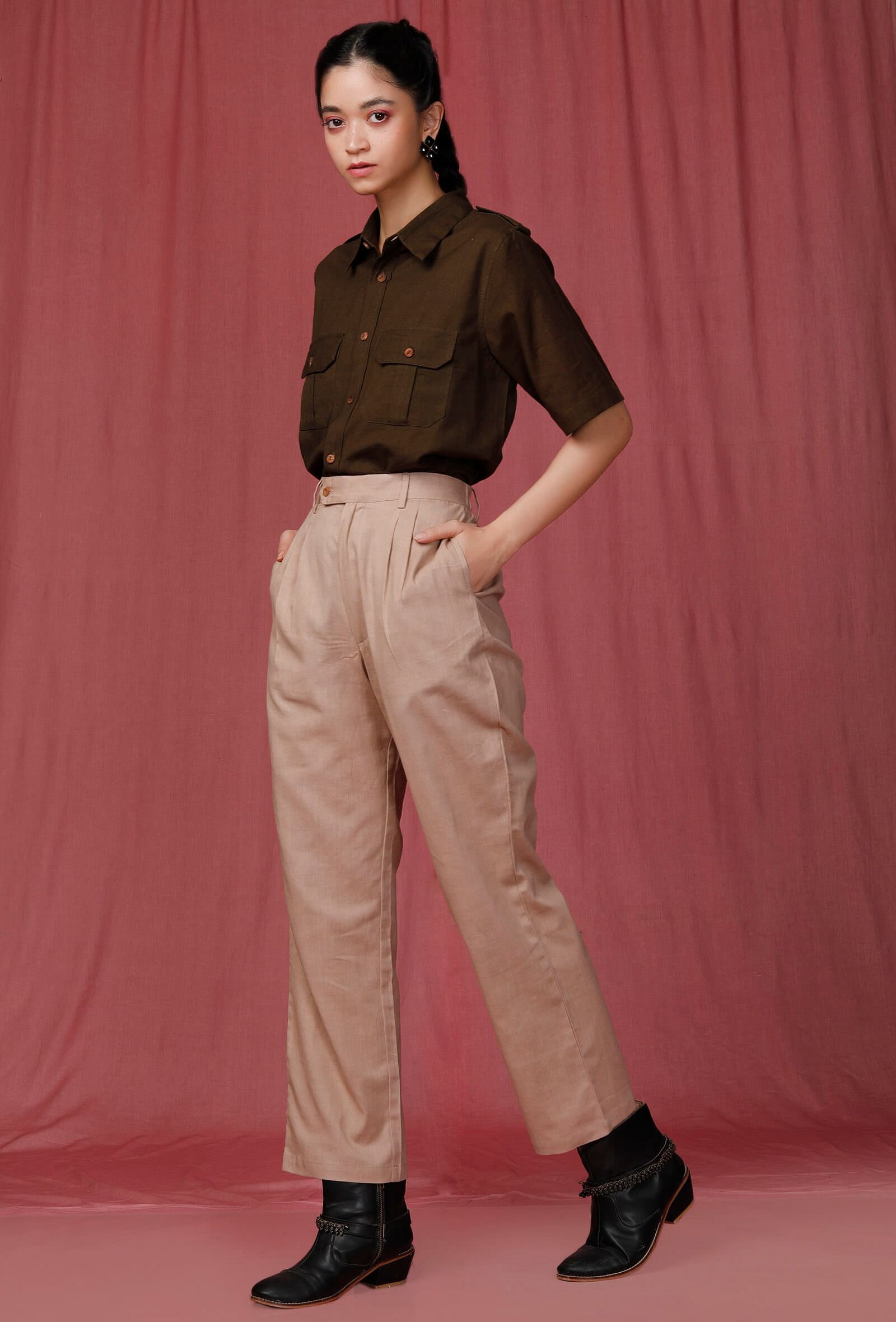 Set of 2: Olive Green Plain Linen Pocket Shirt with Brown Plain Linen Pant