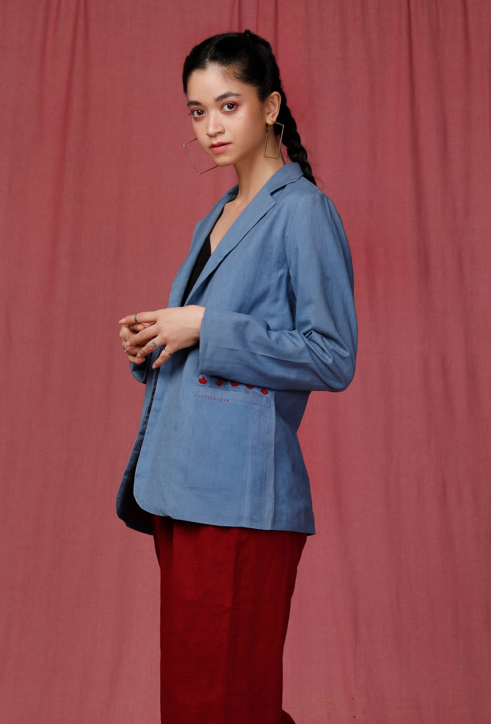 Blue Notched Linen Overcoat