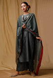 Set of 3: Grey Banarsi Kurta and Stripes Chanderi Silk Pallazo With Grey Banarsi Chanderi Dupatta