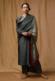 Set of 3: Grey Banarsi Kurta and Stripes Chanderi Silk Pallazo With Grey Banarsi Chanderi Dupatta