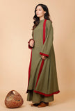 Set of 3: Mehandi Green Halter Neck Cotton Kurta with Mehandi Green Cape and Cotton Cullottes