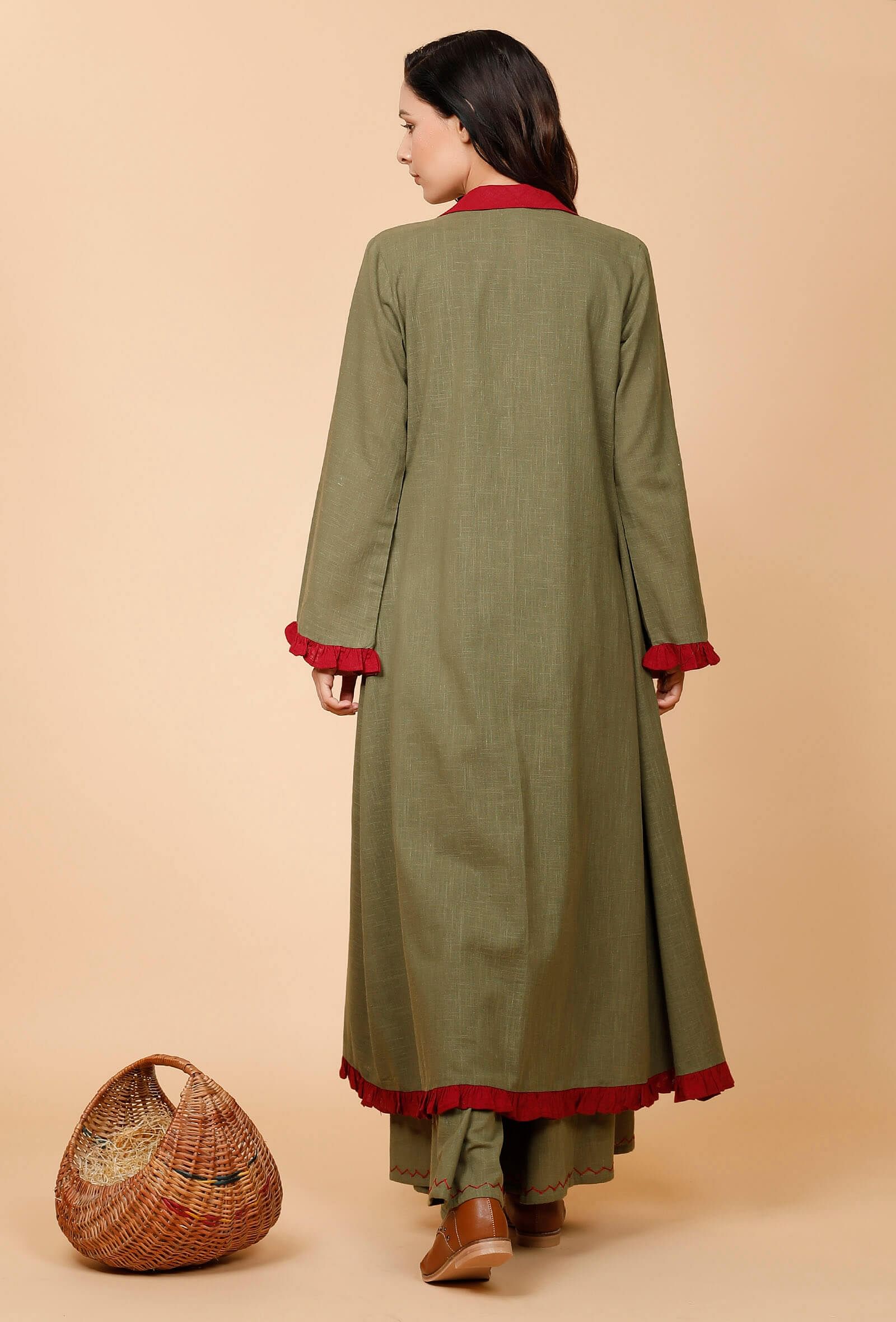 Set of 3: Mehandi Green Halter Neck Cotton Kurta with Mehandi Green Cape and Cotton Cullottes