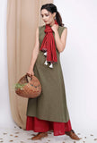 Set of 3: Mehandi Green Halter Neck Kurta With Maroon Pallazo And Stole