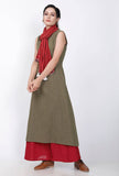 Set of 3: Mehandi Green Halter Neck Kurta With Maroon Pallazo And Stole