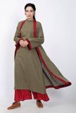 Set of 3: Mehandi Green Halter Neck Kurta with Maroon Pallazo and Stole