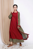 Mehandi Green Cape With Maroon Frills
