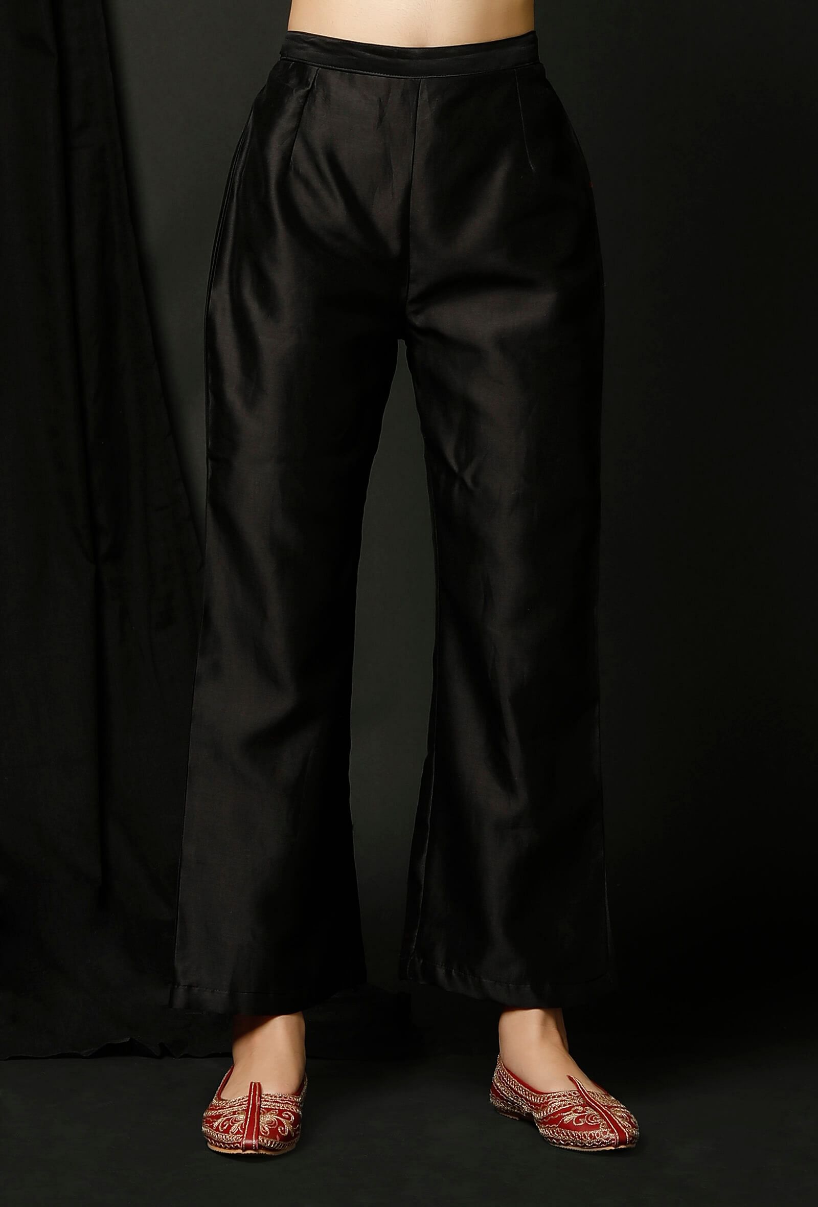 Black Silk Chiffon Wide Leg Trousers | Embroidered Trousers