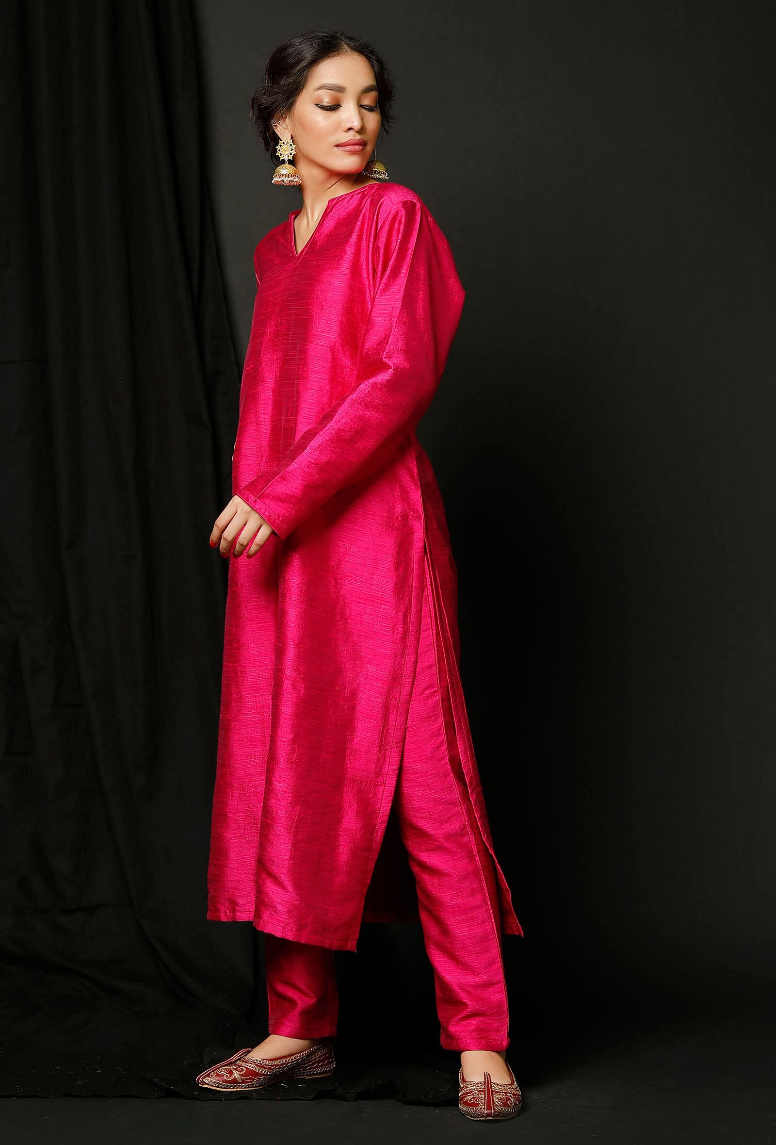Set of 2 : Pink Raw Silk Kurta and Pink Silk Pants