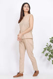 Set of 2 : Beige Cotton Slub Top and Pants