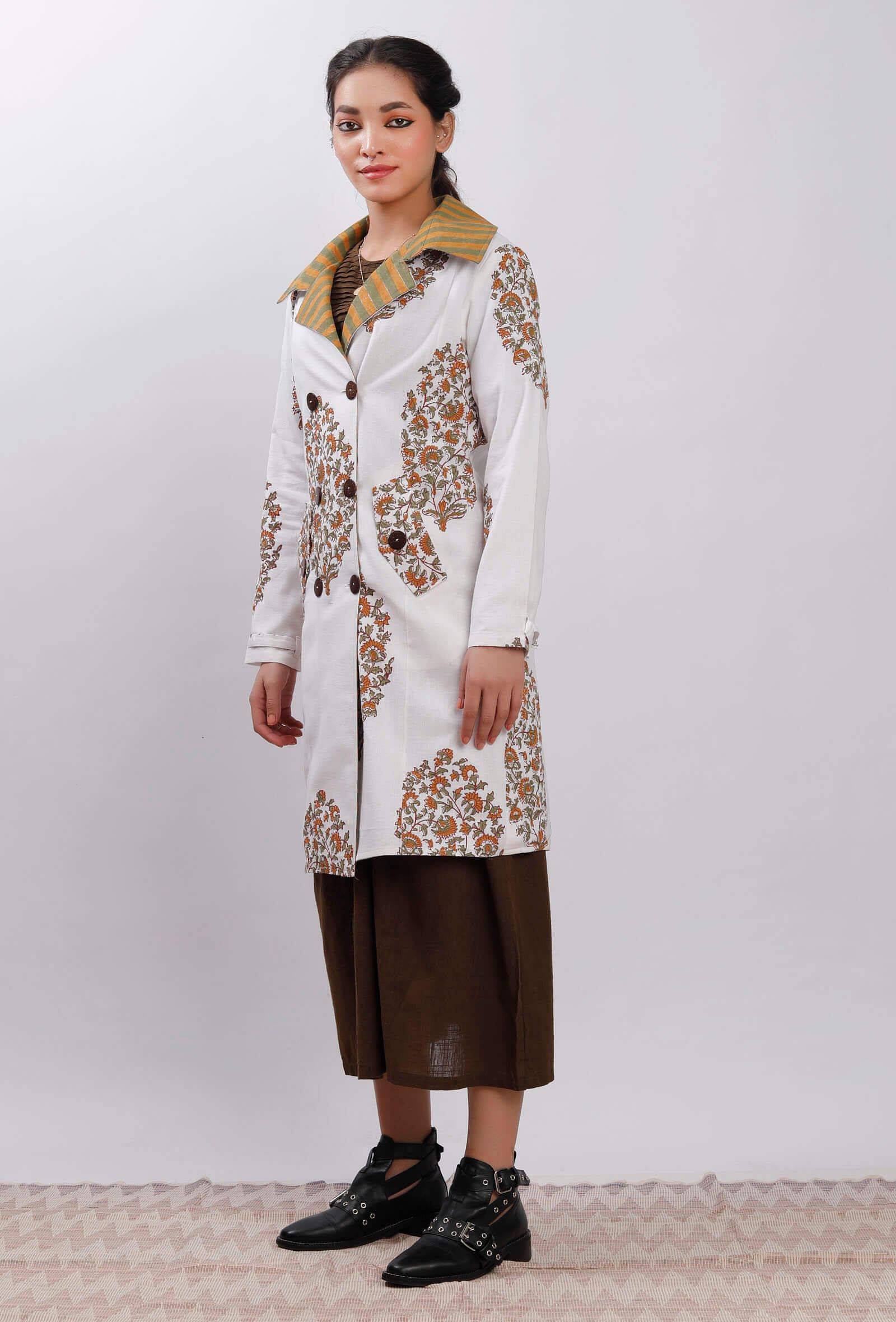 Off White Floral Handblock Printed Trench Coat