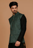 Pine Green Matka Silk Nehru Jacket