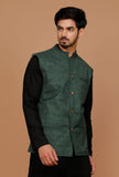 Pine Green Matka Silk Nehru Jacket