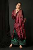 Set of 3 : Wine Velvet Gota Phiran With Bottle Green Velvet Pallazo and Color Block Velvet Odhani