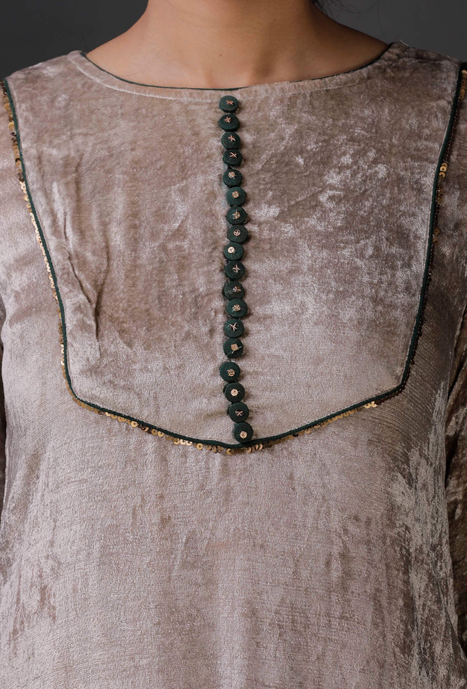 Grey Velvet front yoke lace embroidered kurta