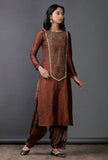 Brown Raw Silk  stripes block printed Kurta