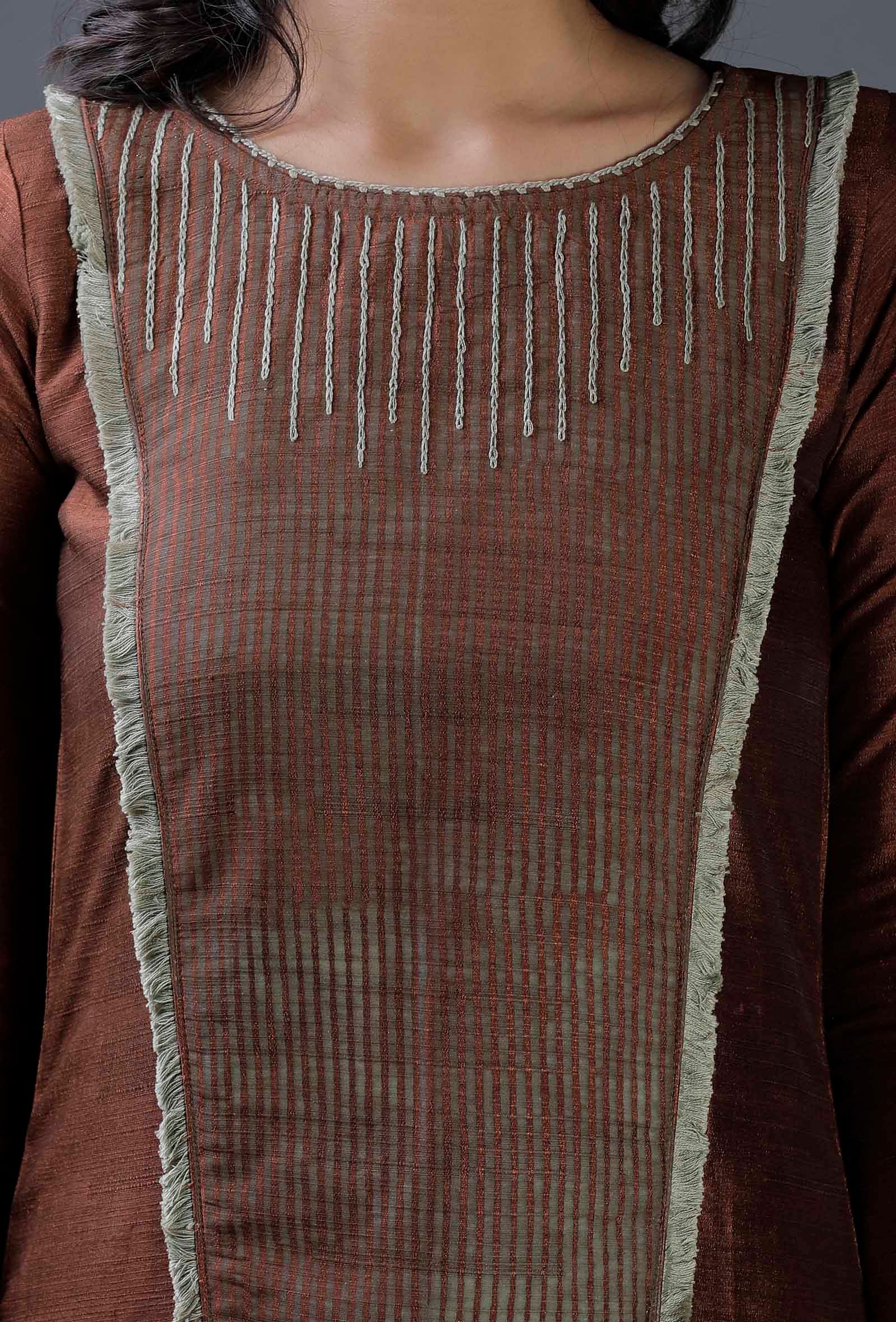 Brown Raw Silk  stripes block printed Kurta