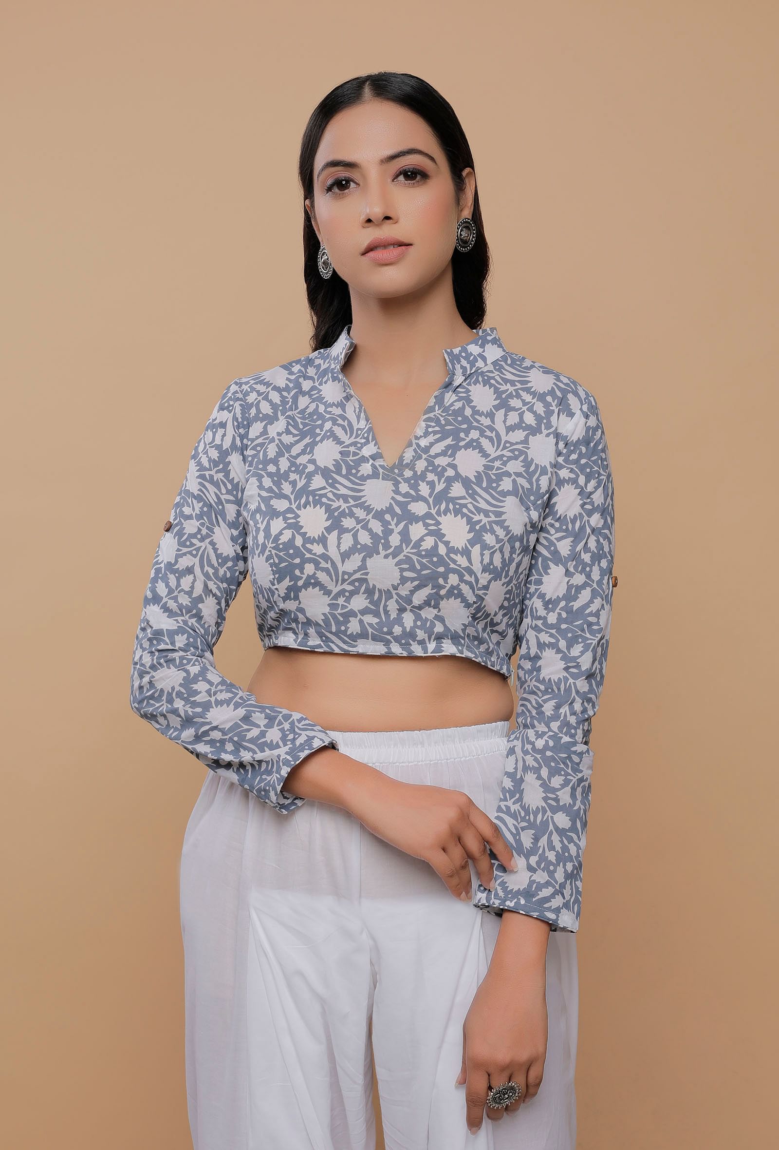 Blue Handblock Printed Cotton V Neck Line With Stand Collar Blouse – TJORI