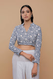 Blue Handblock Printed Cotton V Neck Line With Stand Collar Blouse