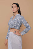 Blue Handblock Printed Cotton V Neck Line With Stand Collar Blouse