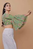 Green And Pink Handblock Printed Cotton V Neck Flat Collar Blouse