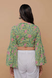 Green And Pink Handblock Printed Cotton V Neck Flat Collar Blouse