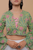 Green And Pink Handblock Printed Cotton V Neck Flat Collar Blouse