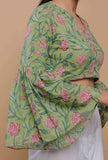 Green And Pink Handblock Printed Cotton V Neck Flat Collar Blouse