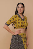 Yellow And Grey Handblock Printed Ajrakh Creative V Neck Blouse